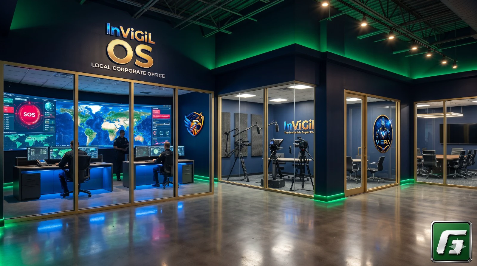 SOS command centre, studio and meeting room inside an InViGiL OS office