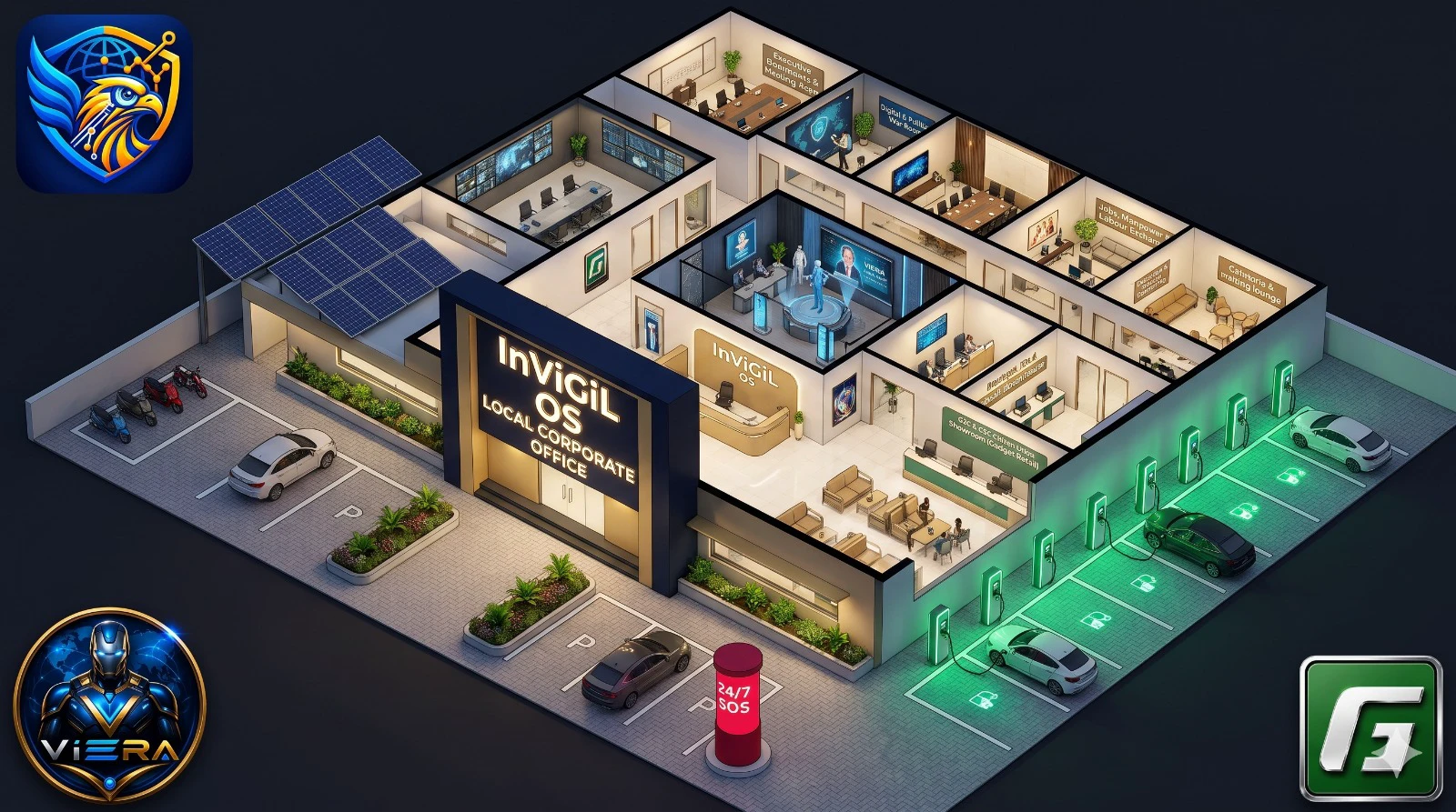 Cut-away view of an InViGiL OS office with a ViERA experience room and EV charging bays